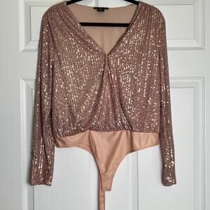 Sincerely Jules Sequin Long Sleeve Thong Bodysuit Women's L Rose Gold Snap Clasp